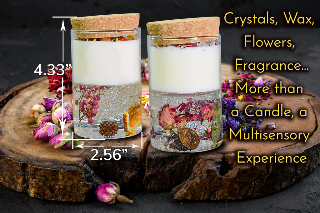 Candle Gift Set, Organic Natural Flowers in Yelly, Aromatherapy, Healing Gemstones, Botanical Scented Fragrance