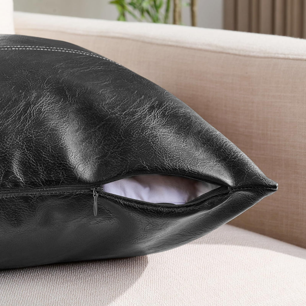 2 Packs Black Boho Faux Leather Decorative Throw Pillow Covers 18x18 Inch Couch Bed Sofa, Rustic Modern Farmhouse