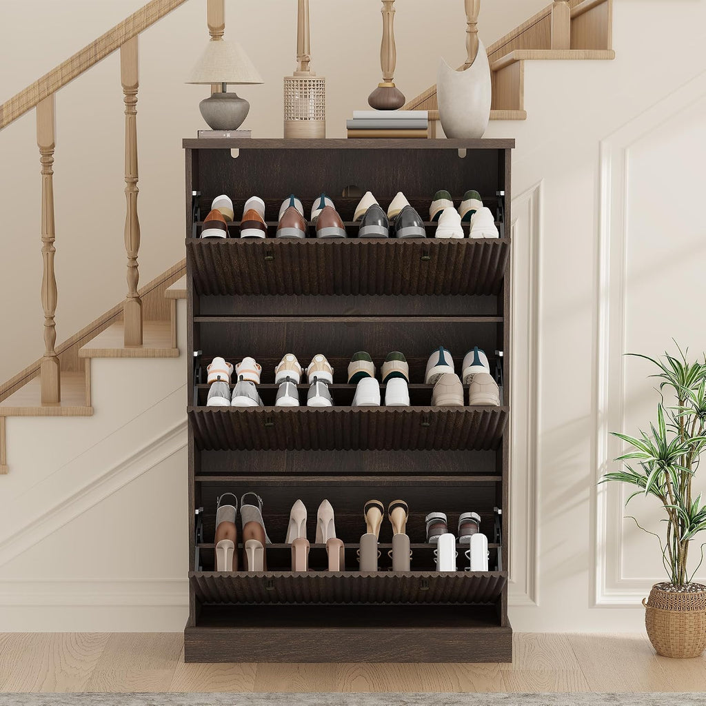 Fluted Shoe Cabinet Storage with 3 Flip Drawers, Wooden Fluted Narrow Shoe Organizer with Adjustable and Removable