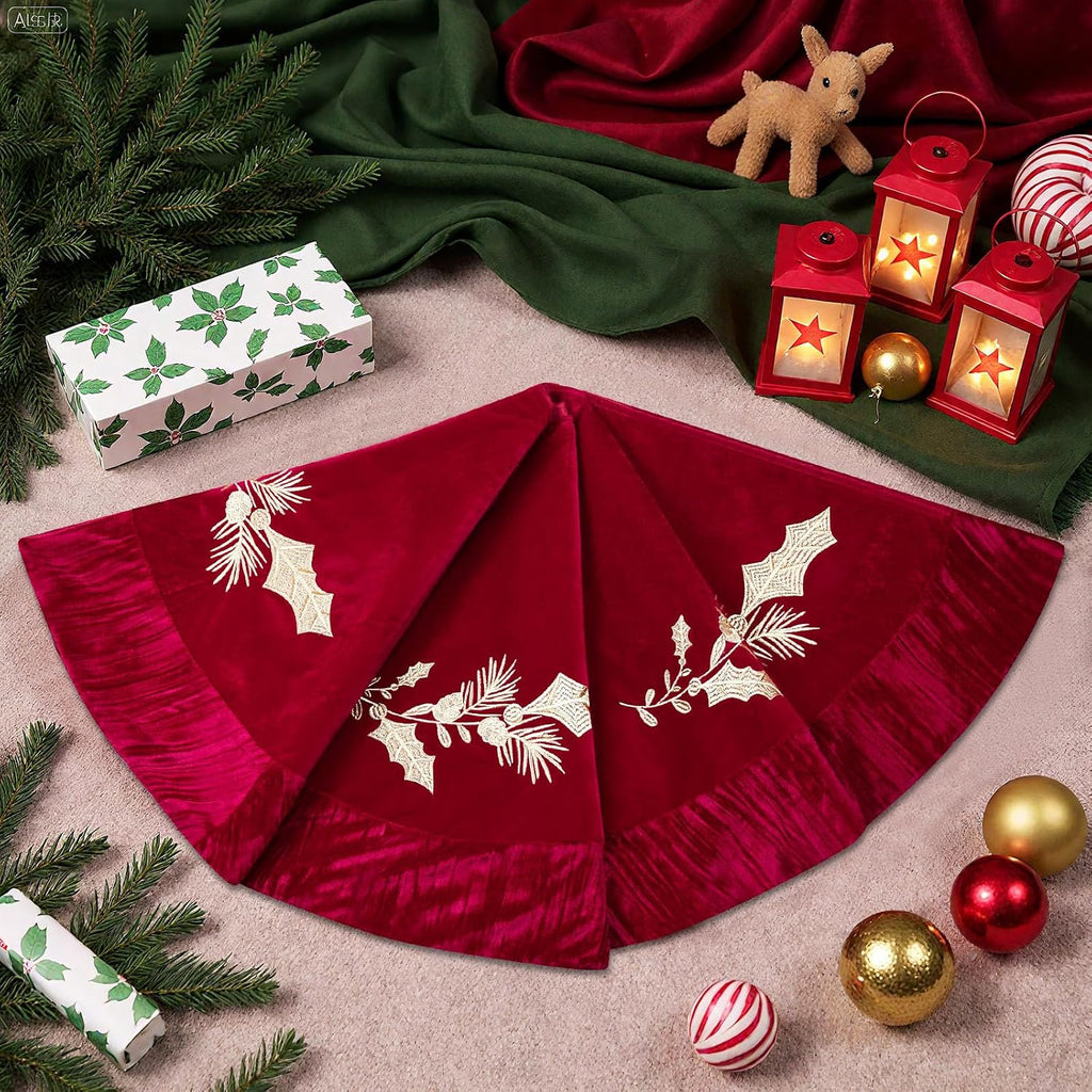 48 Inches Velvet Christmas Tree Skirt Red Wine Luxury Xmas Gold Fur Plush Skirts with Gold Embroidered Holly for