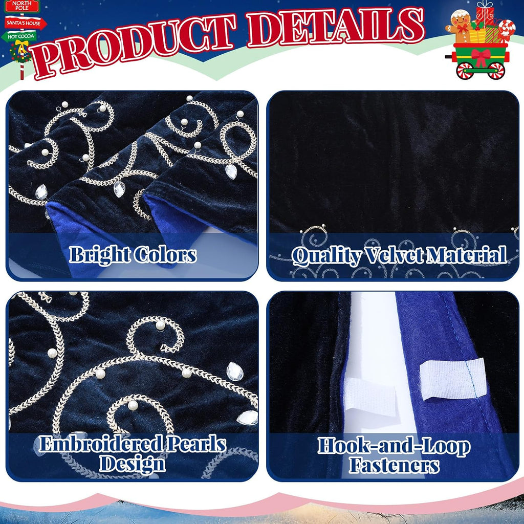 48inch Christmas Tree Skirt Navy Blue Luxury Velvet Plush Fur Skirts Baroque Tree Skirts with Gold Embroidered Pearls