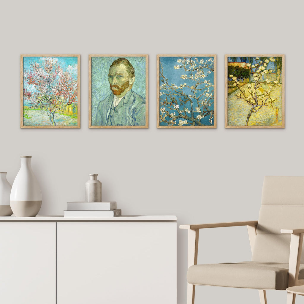 Framed Poster Van Gogh Blossoming Trees and Self-Portrait Classic Illustrations Fine Art Decorative Vintage
