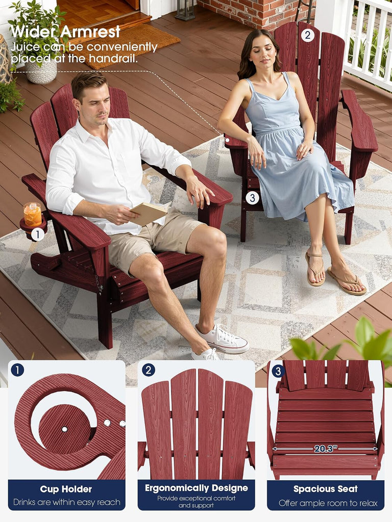 Folding Adirondack Chair Set of 4 with Cup Holder, Red | HDPE All-Weather Patio Chairs, Wooden Textured Lawn Chair