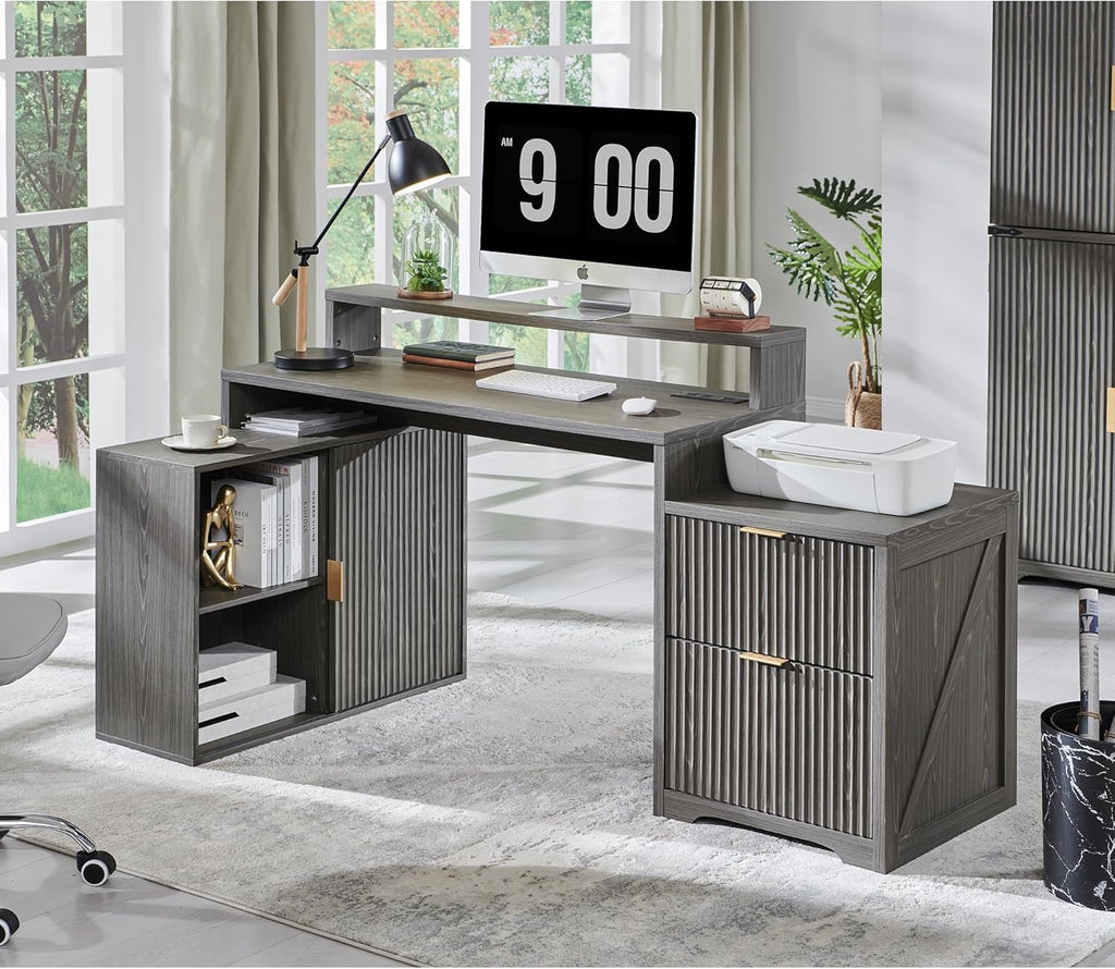67" Modern L Shaped Desk with Storage Cabinet & Drawers, Wood Home Office Desk with Power Outlets