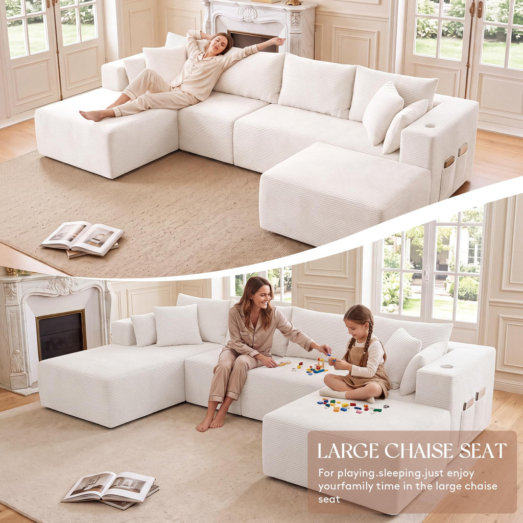 130" Cloud Sectional Boneless Couches, Modular U Shaped Couch with Deep Seat, Removable Ottoman, Memory Foam