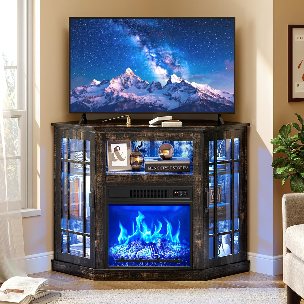 Corner Fireplace TV Stand with Storage for TV up to 55", Black