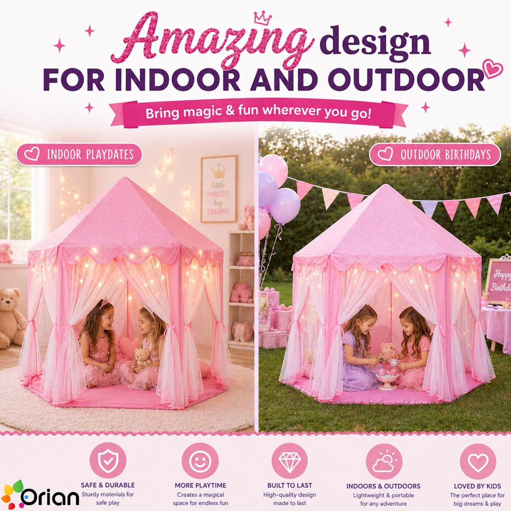 Princess Tent for Girls, Kids Pink Play Tent, Ages 2-7, 55" x 53"