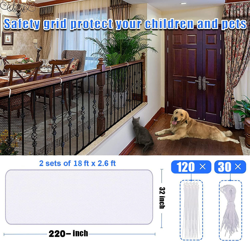 Baby Gate for Stairs, Banister Guard for Kids, Pets, Toys, 2 Set 18 ft L x 2.6 ft H Mesh Netting Safety Net for