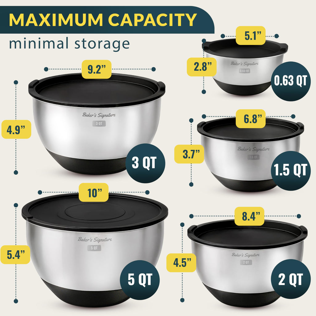 Stainless Steel Mixing Bowls with Lids Set of 5, 3 Graters, Black