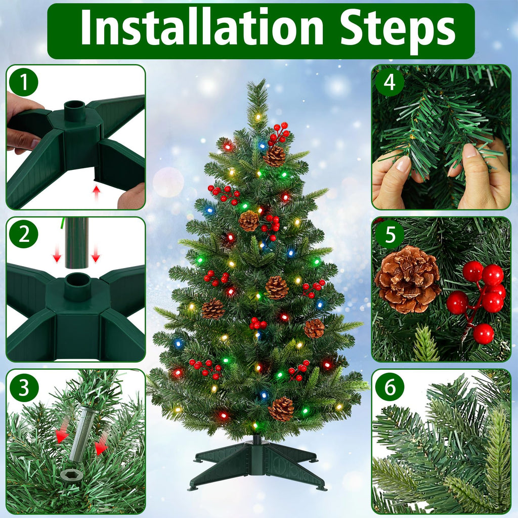 [Timer Remote & 12 Modes] 3FT Pre-Lit Christmas Tree with Lights, Artificial Small Christmas Tree with 50 LED Warm