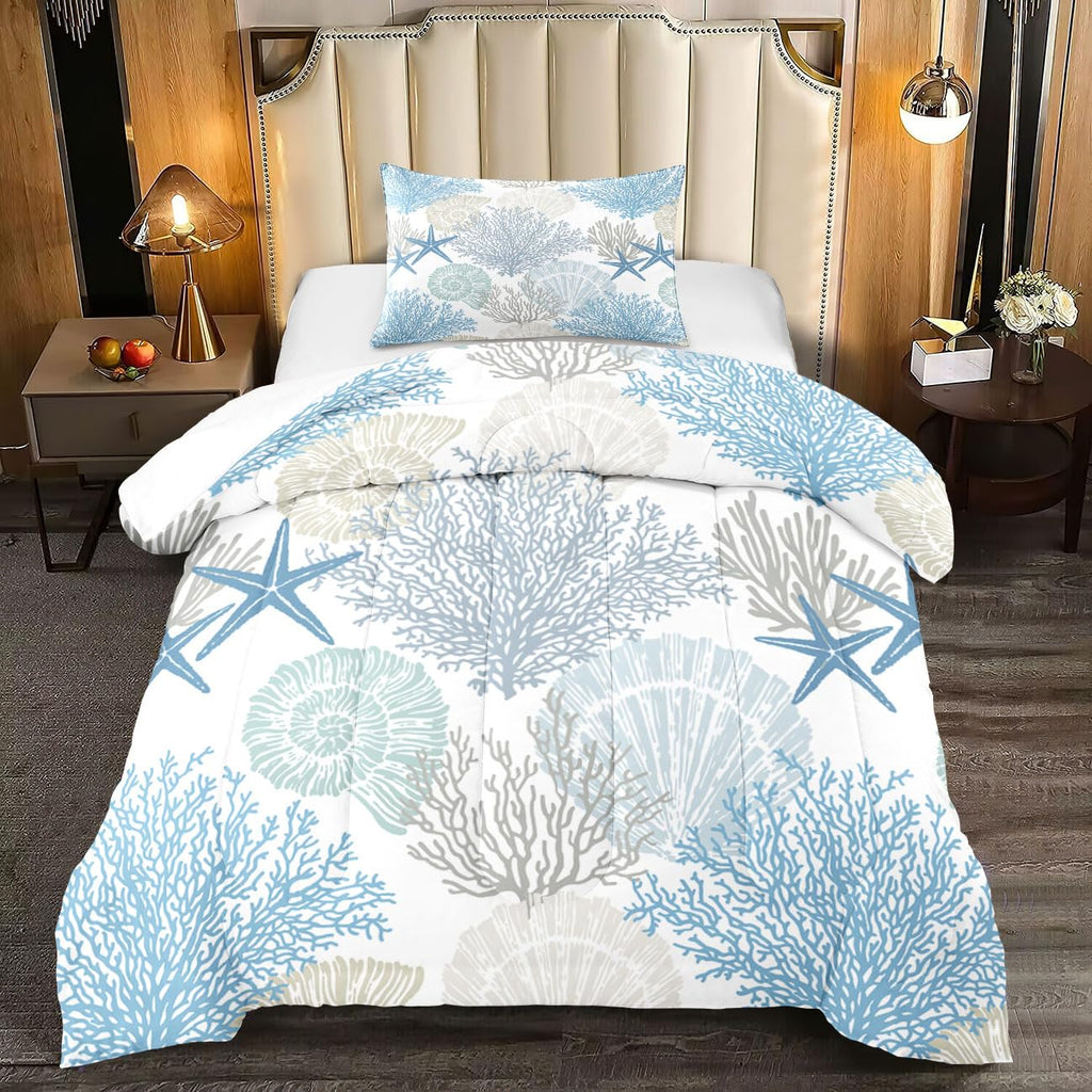 Summer Coastal Comforter Set Beach Blue Shells Quilt Bedding Set