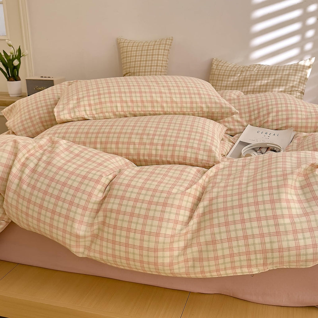 Pink Gingham Duvet Cover Set Twin, Yellow Plaid Grid Pattern Bedding Set Soft Muslin Cotton Gauze Comforter Cover
