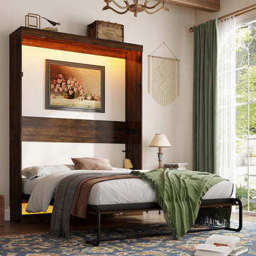 Queen Size Murphy Bed with 2 LED Lights, Farmhouse Wood Hidden Foldable Wall Bed Frame w/Gas Struts, Storage Bed
