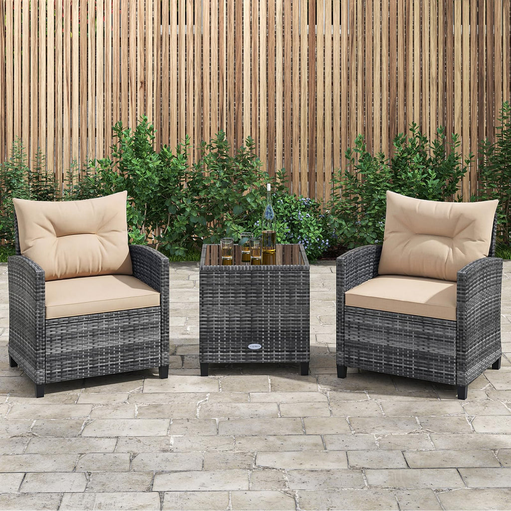 3 Piece Patio Furniture Set, Outdoor PE Rattan Conversation Set with Washable Cushions & Tempered Glass Tabletop