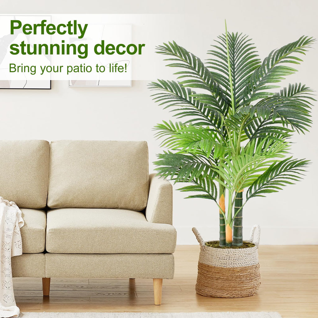 4ft Tall Triple Golden Cane Palm Artificial Tree Large Tropical Palm Tree UV Resistant Fake Plant in Pot for Indoor