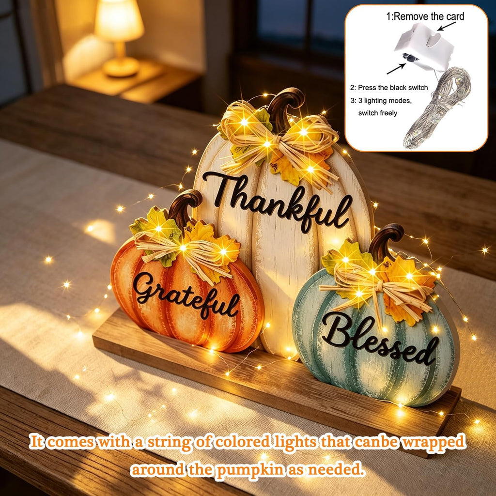 Fall Pumpkin Decor with LED Lights, Wooden Thanksgiving Table Sign "Blessed Grateful Thankful", Rustic Harvest Home - Set of 3