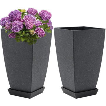 Set of 2 Tall Planter, 21 inch Large Plastic Planter, Cement Gray
