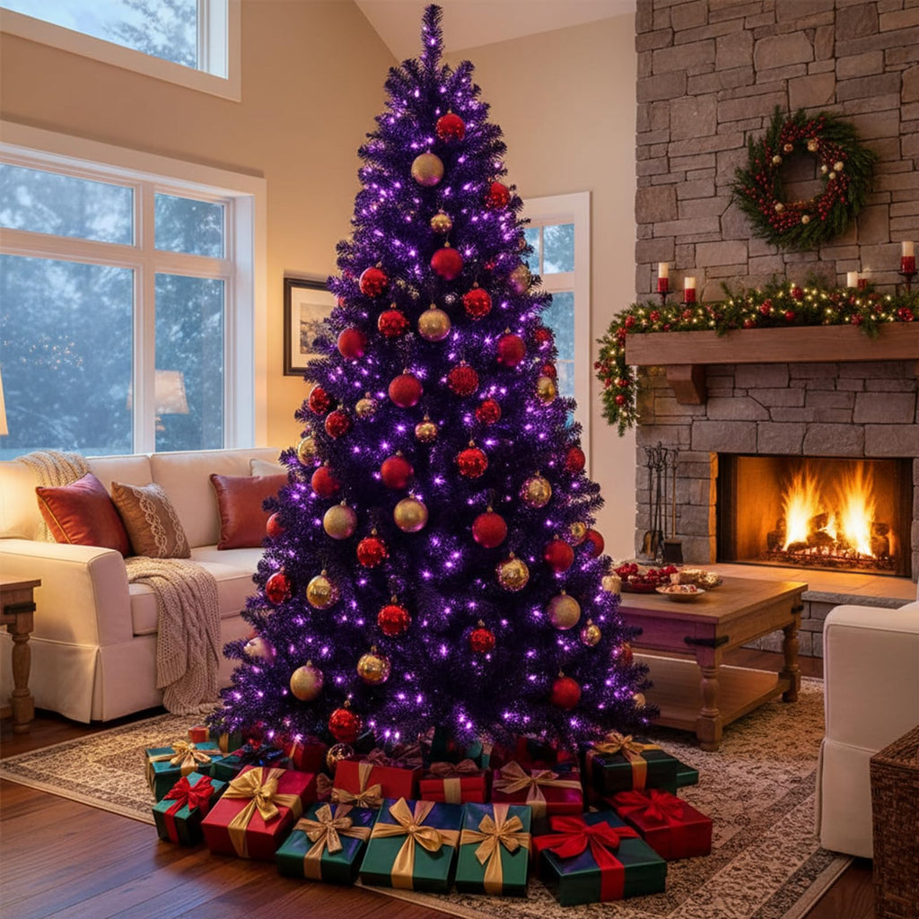 6FT Black Christmas Tree Prelit - Artificial Halloween Tree with 300 LED Purple Lights & 810 PVC Branch Tips, Holiday