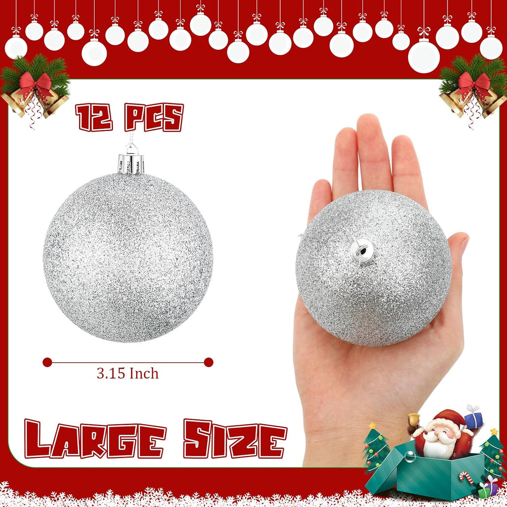 12 Pcs Large Christmas Ball Glitter Snowball Ornament, Silver