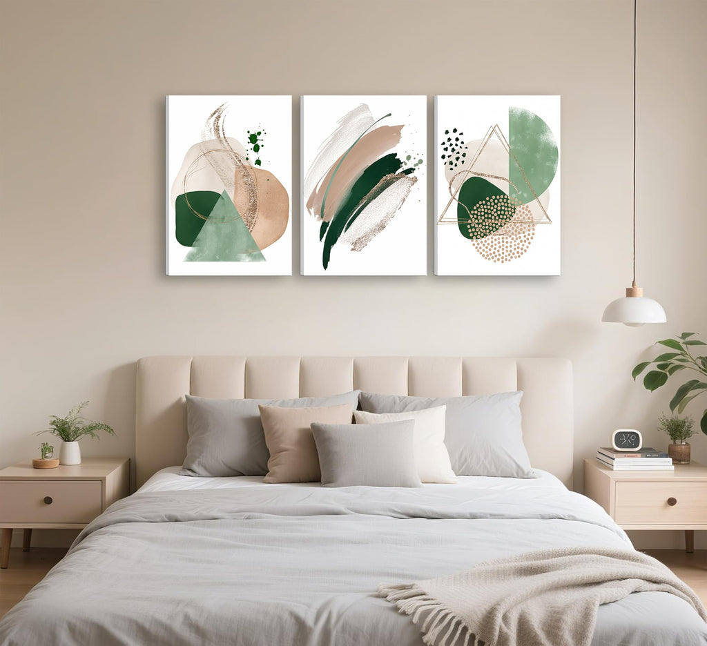 3Pcs Framed Sage Green Minimalist Geometric Abstract Wall Art