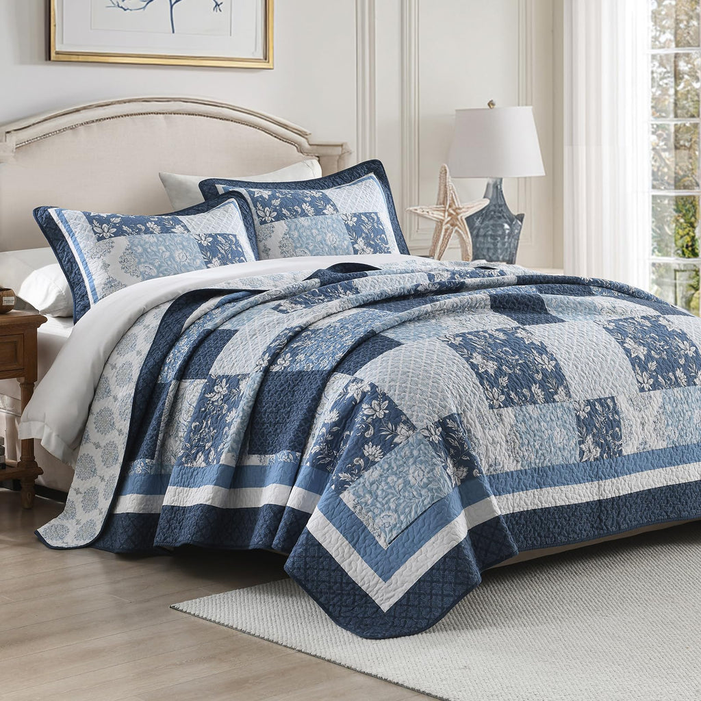 100% Cotton Quilt Set, Farmhouse Floral Patchwork Bedspreads