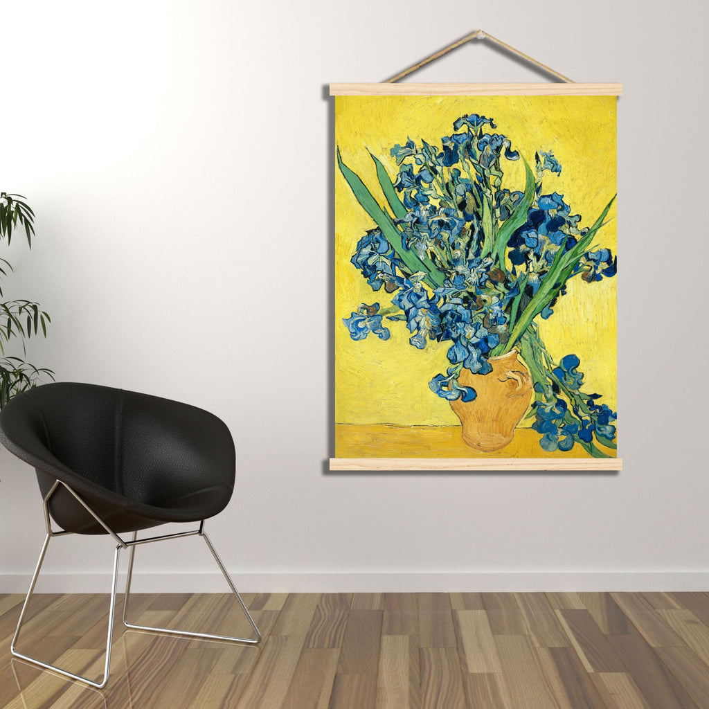 Vincent Van Gogh Canvas Wall Decor - Irises Vase Print on Yellow Background - Classic Art Reproduction - Wooden Frame