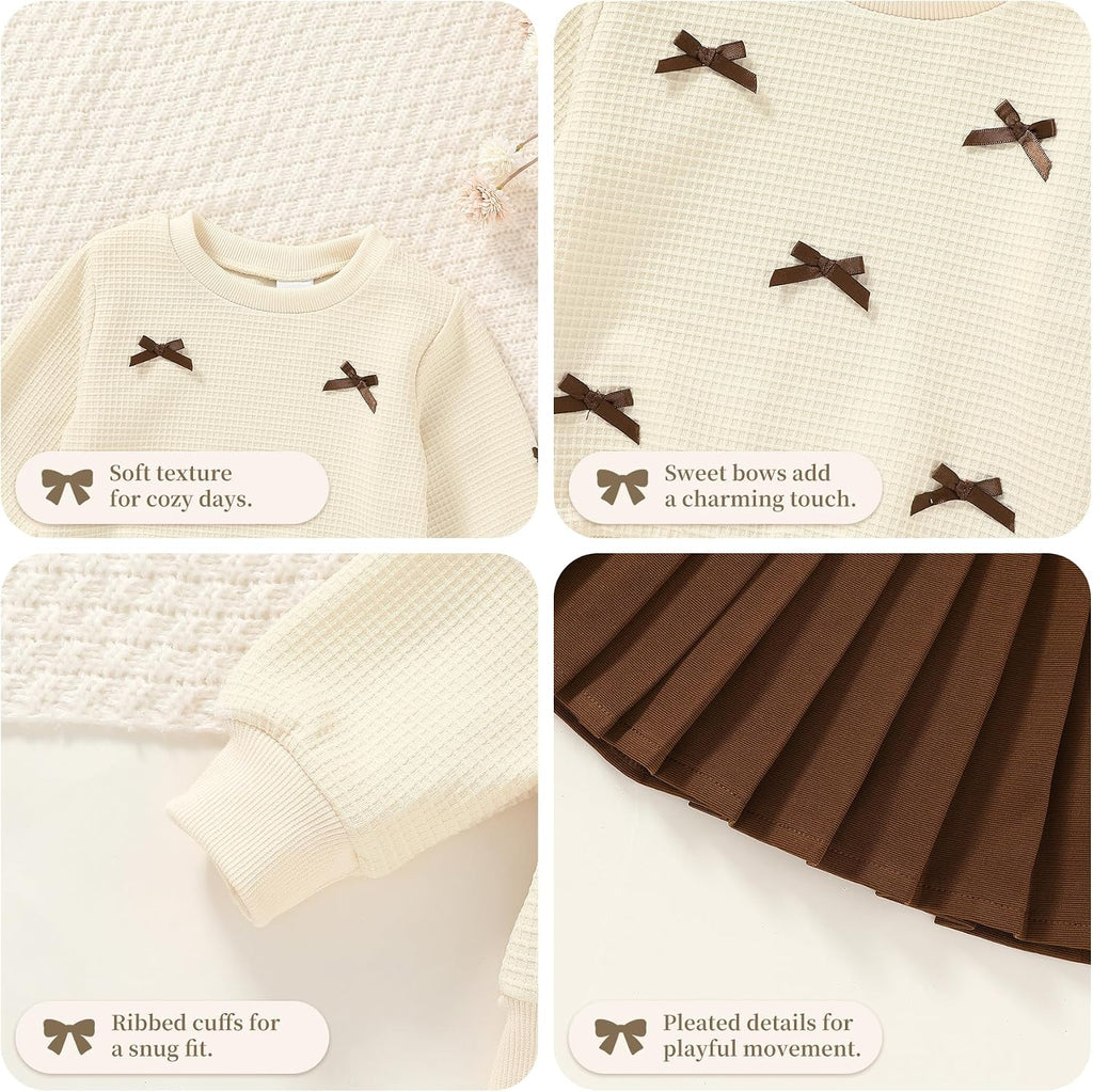 Toddler Girl Fall Winter Clothes Waffle Knit Sweatshirt Pleated Skirt Set