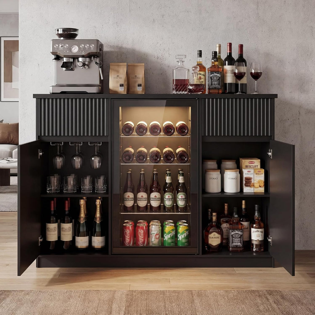55" Coffee Bar Cabinet with Mini Fridge Space, Charging Station and 2 Drawers, Black