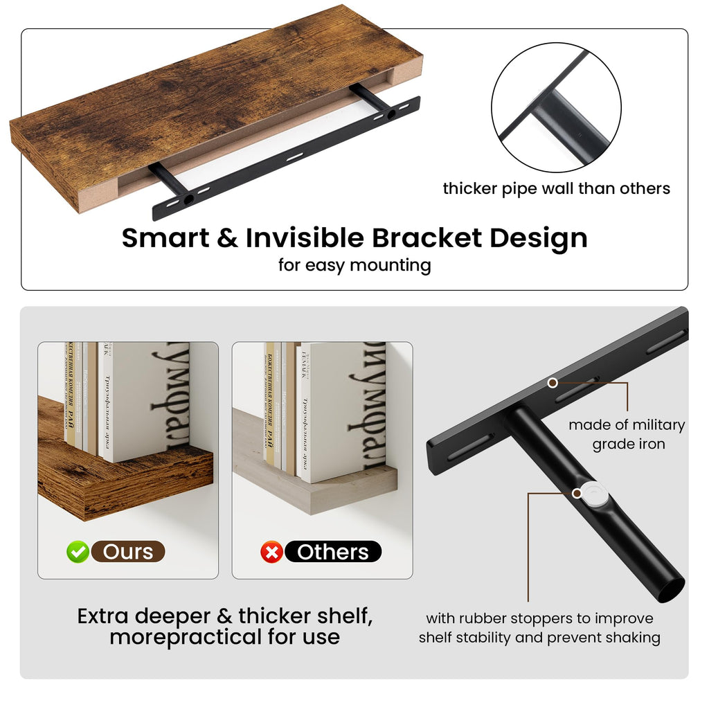 40in Deep Floating Shelves for Wall, Rustic Wall Shelves Bathroom Bedroom Kitchen, Wall Mounted Shelf with Invisible