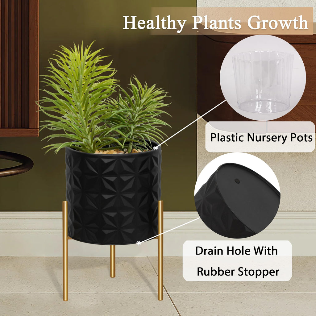 Modern Planter Pots, Set of 2 Large Planters with Stand, Decorative Planters, Metal Pots with Drainage Holes, Garden