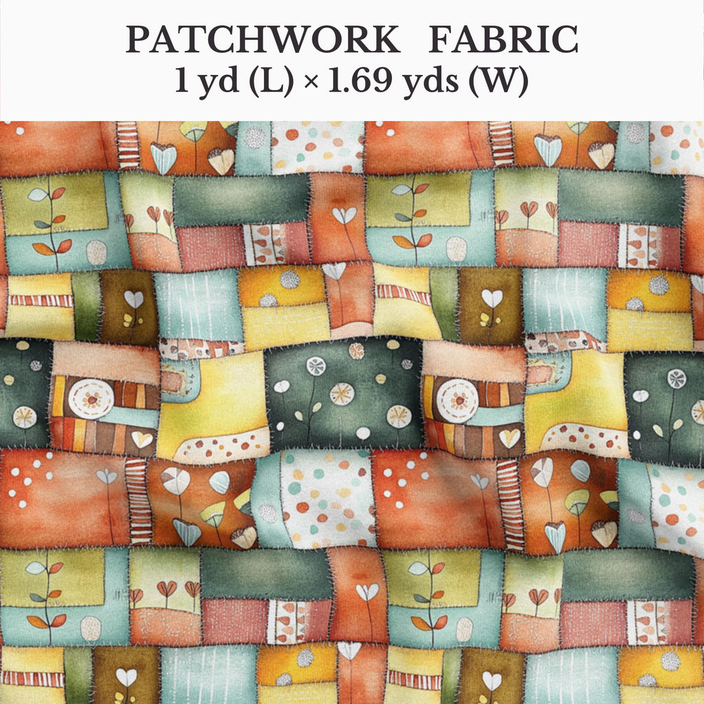 Patchwork Cotton Fabric Panel 61 x 36.6 Inches, Scandinavian Heart Pattern Quilt Style, Multicolor Rustic Design