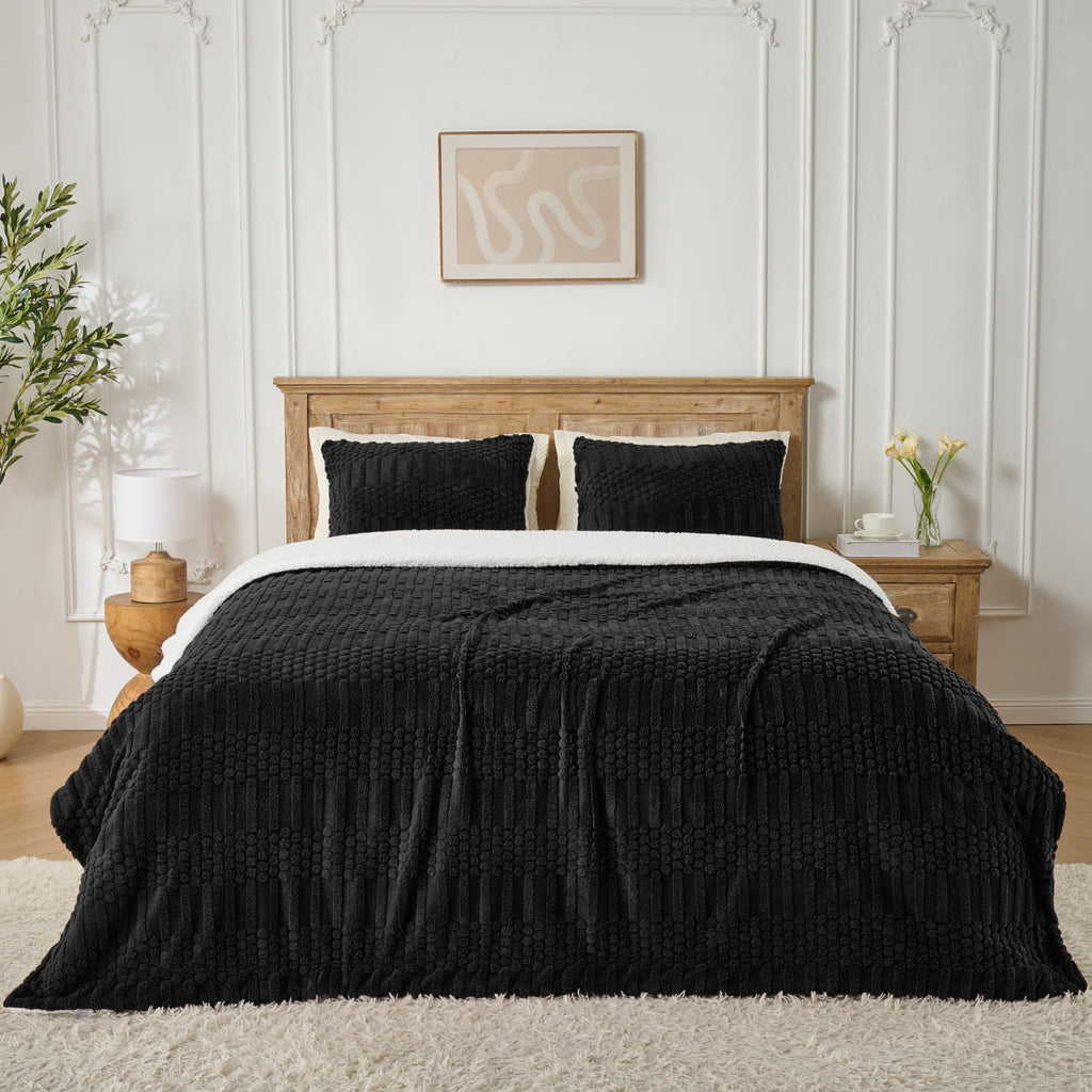 Black Queen Comforter Set, Soft Fleece Plush Bedding Set with 2 Pillow Shams, Cozy Warm Fluffy Bed Set for Winter