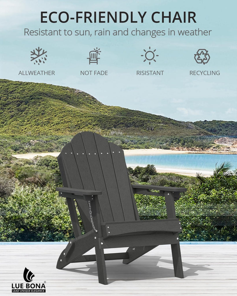 HDPE Folding Adirondack Chair, Cup Holder, Set of 2, Black | HDPE poly lumber, folable, all-weather resistant, Low
