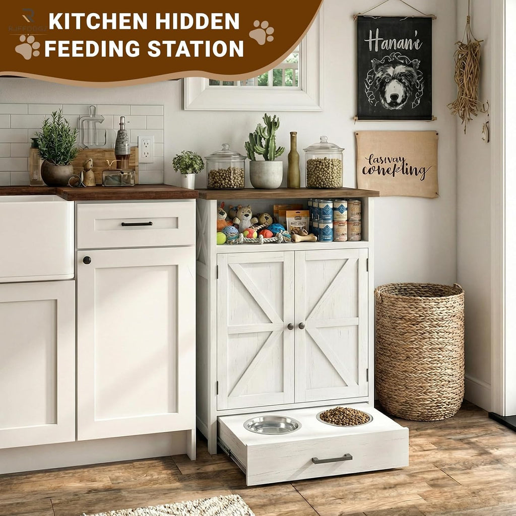 Dog Feeding Station with Storage, Rustic Barn Door Dog Food Cabinet with Pull-Out Stainless Steel Bowls, Pet Feeding