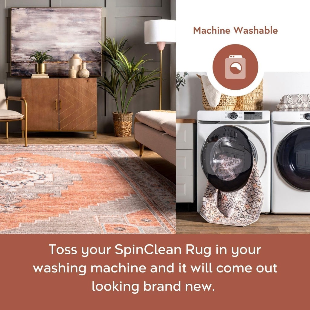 Alicia Machine Washable Medallion Area Rug, Rust, Rectangular, 0.15" Thick