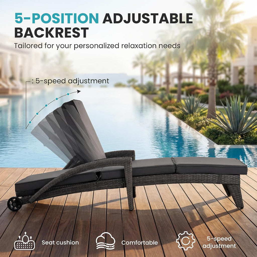 Patio Chaise Lounge Set of 2, Wicker Lounge Chairs Outdoor with Wheels, Wicker Chaise Lounges with Armrests All
