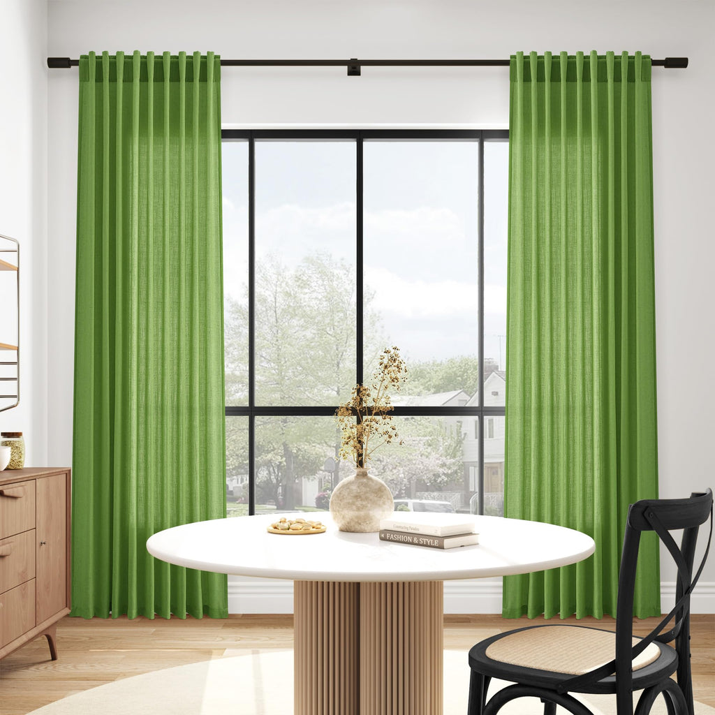 Lime Green Curtains 63 Inches Long 2 Panel Sets Bedroom, Light Filtering Linen Drapes Windows Rod Pocket or Back Tab