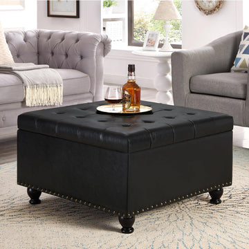 Ottoman Coffee Table, Button Tufted PU Leather Foot Stool, Black