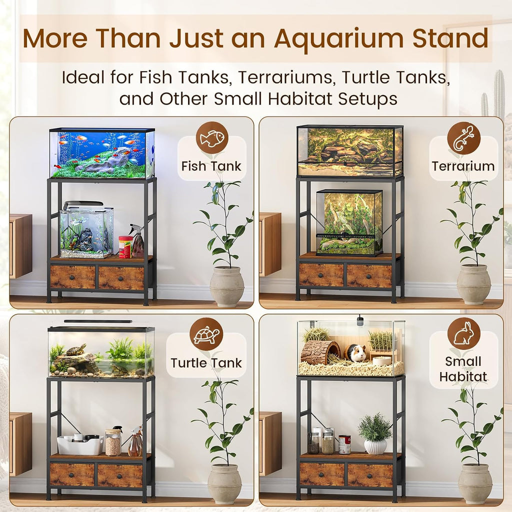 20 Gallon Fish Tank Stand, Heavy Duty Aquarium Stand with Storage Drawers, 3-Tier Metal Frame Fish Tank Rack for 20