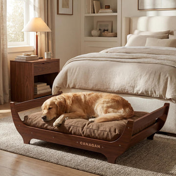 Elevated Wood Dog Bed Frame with Cushion, WalnutPattern, Large