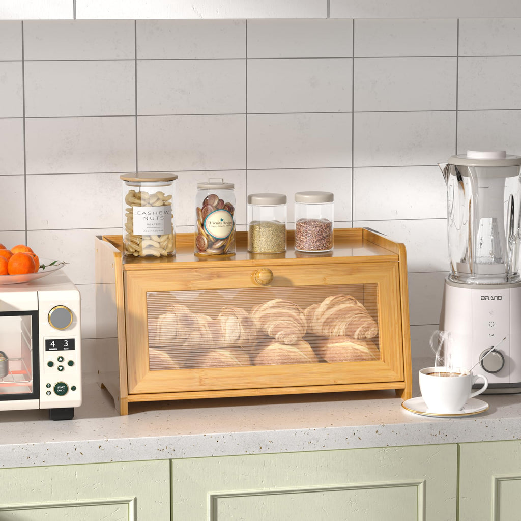 Countertop, Vintage Wooden Counter Breadbox, Bamboo Bread Storage Container Bin made Bread, Small Farmhouse Corner