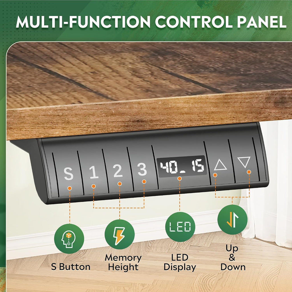 63 Inch Standing Desk, L Shaped, Computer Desk, Rustic Brown | LED Touchscreen, Headphone Hook, 3 Memory Preset