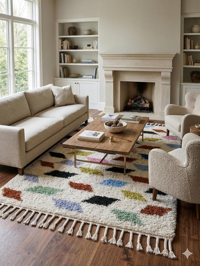 Handmade Moroccan Berber Wool Rug 6' x 9', 100% Wool High Pile Shag, Ivory/Cream with Multicolor Diamond Motifs