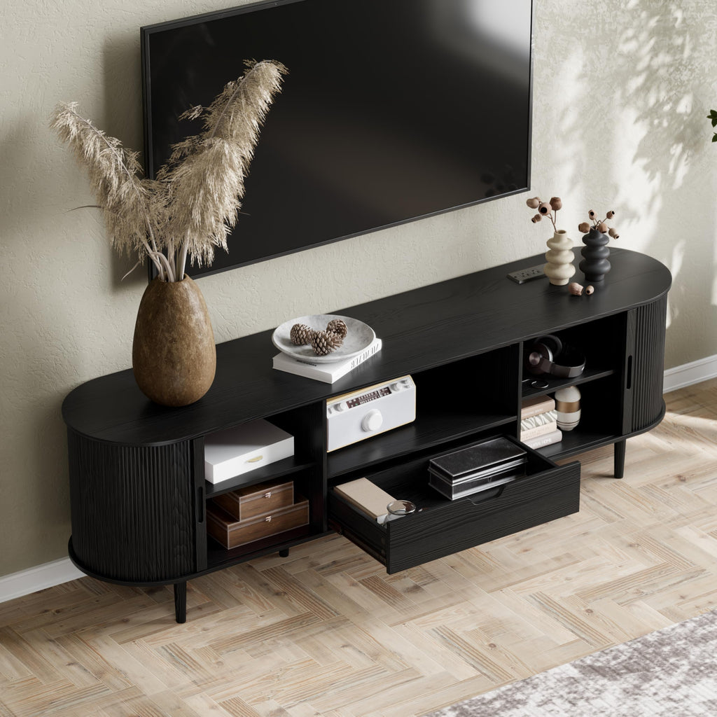 71" Fluted TV Stand with Power Outlet for TVs up to 80", TV Console with Adjustable Shelves and Sliding Door, Mid