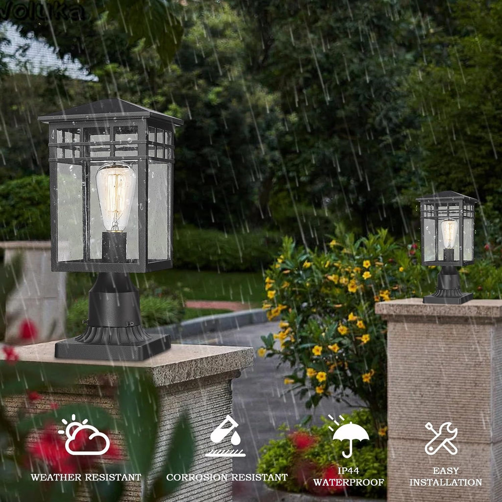 Outdoor Post Light Fixture, Modern Exterior Pillar Lantern with Black Finish & Seeded Glass, Pole Light for Garden