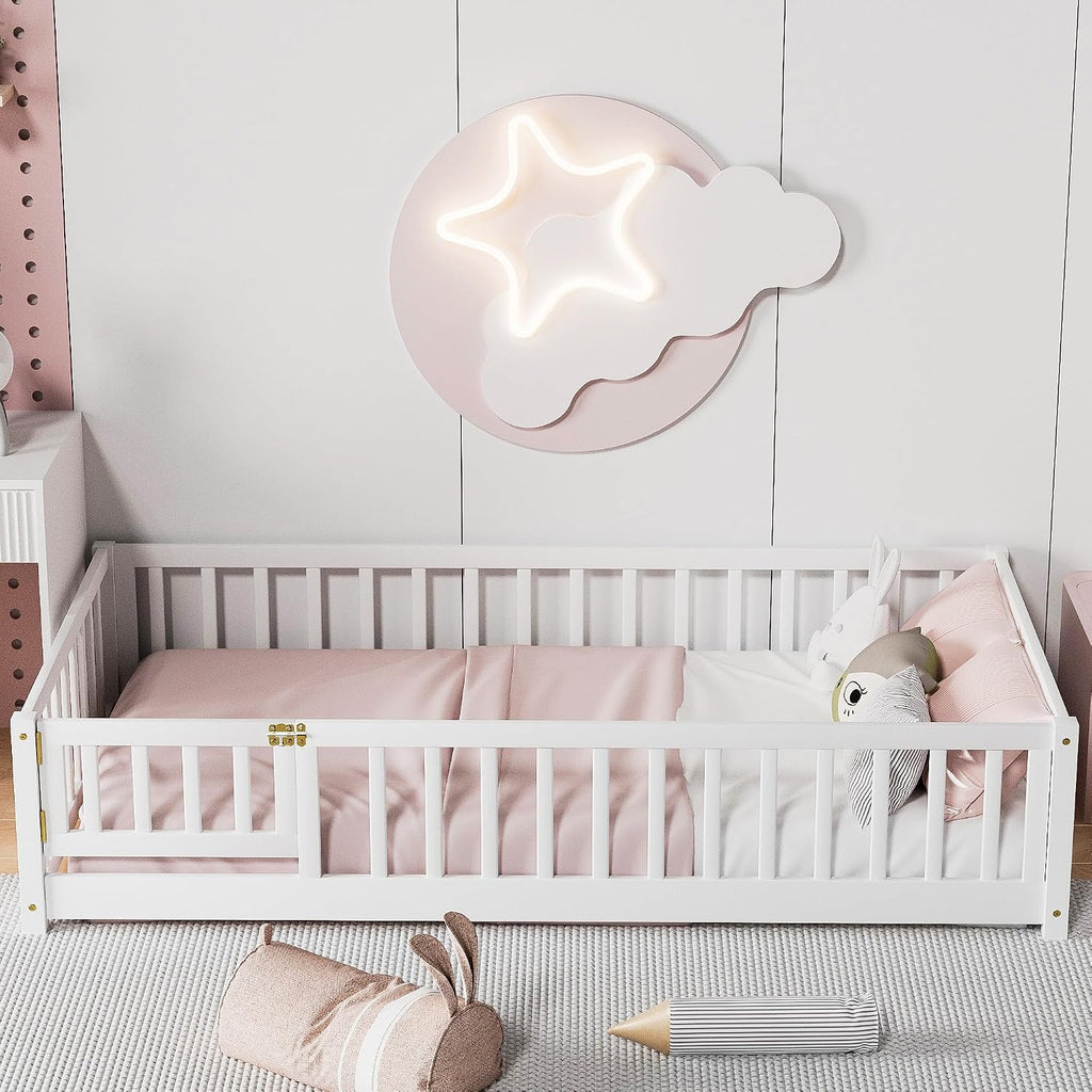 Twin Floor Bed for Children, Sturdy Wood Montessori Bed Frame with Wood Slats, Fence & Door, Montessori Floor Bed for