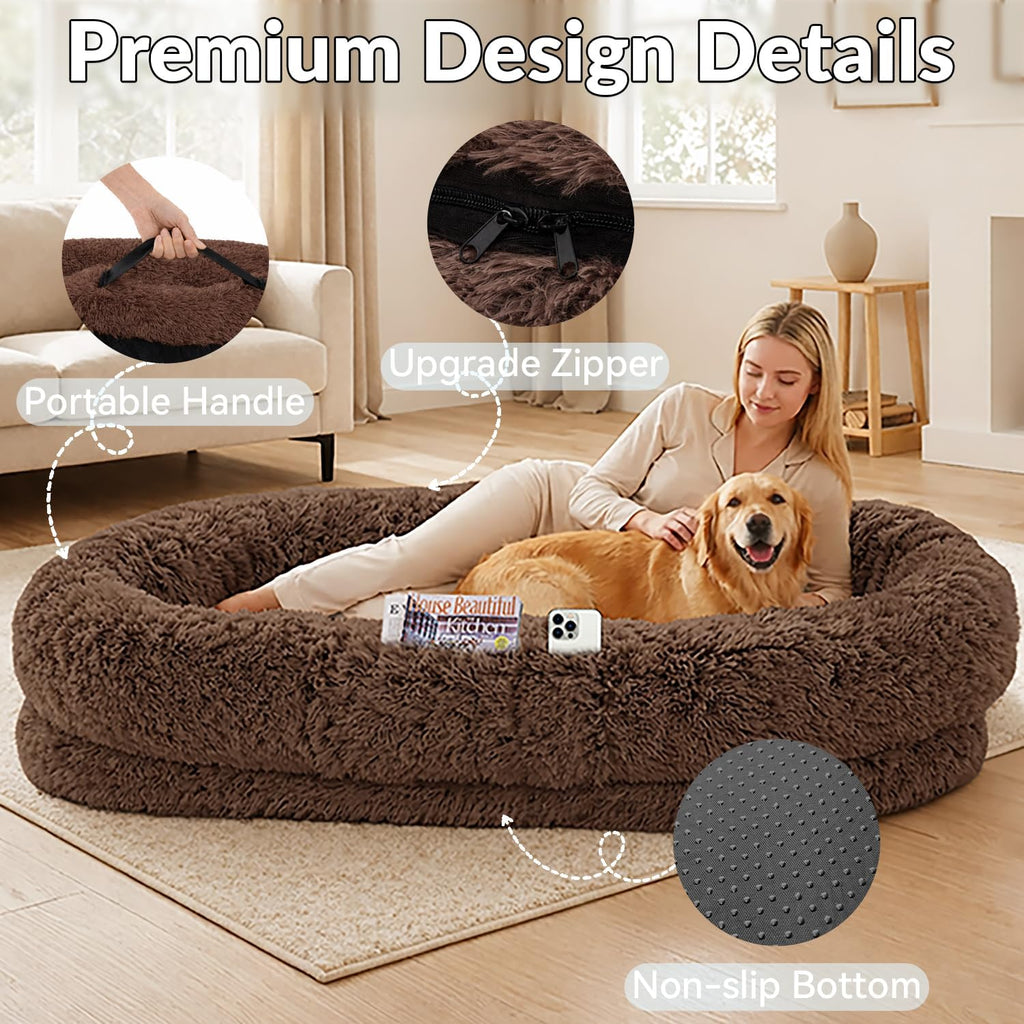 Human Dog Bed for Adult Faux Fur Washable Human Dog Bed Portable Handle, Egg Orthopedic Foam Human Bed