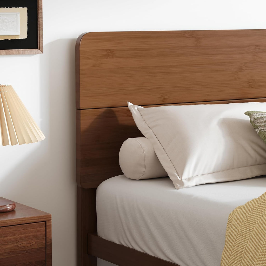 14in High Solid Bamboo Wood Platform Queen Bed Frame with Headboard, Reinforced Heavy Duty Metal Slats, Noise Free