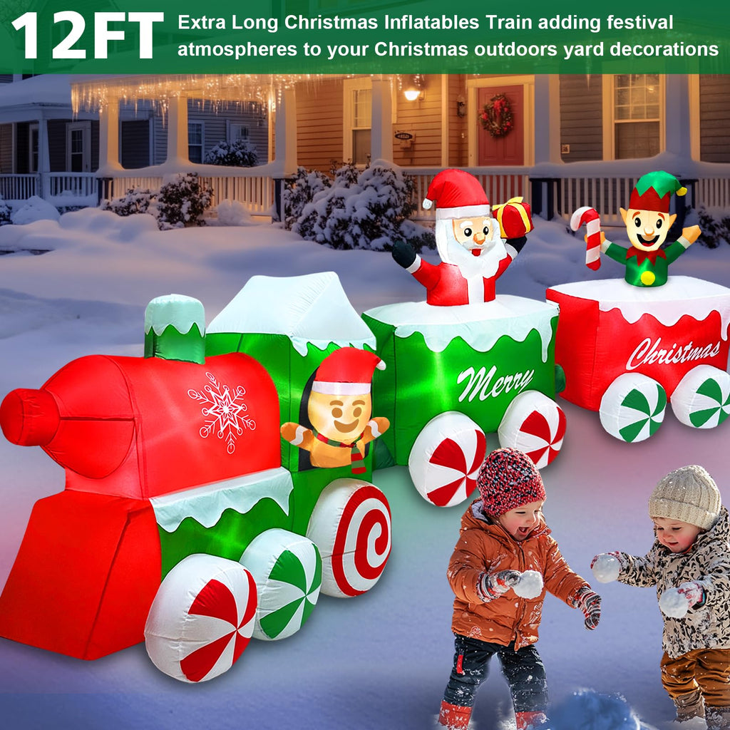 Extra Long 12 Ft Christmas Inflatables Train with Santa Claus Gingerbread Man Elf Blow Up Inflatable Outdoor