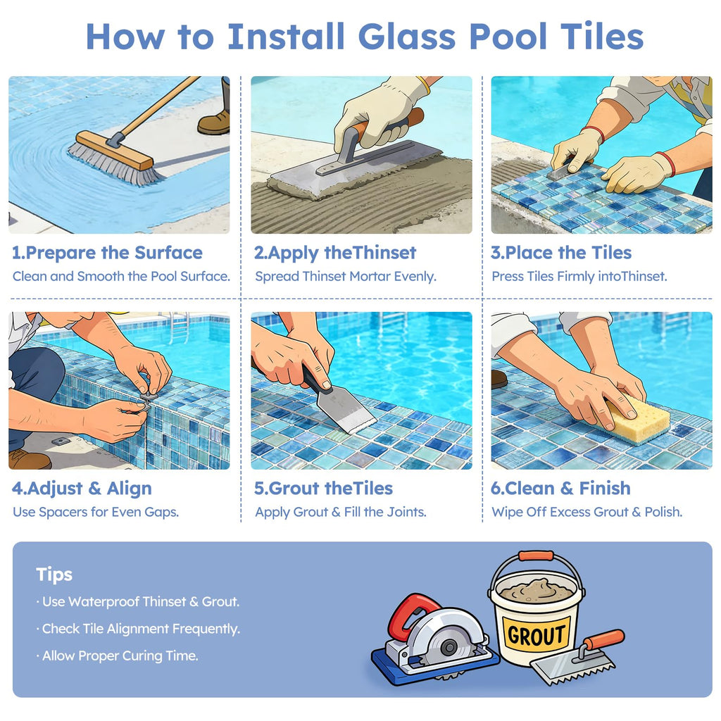 Pool Glass Mosaic Tiles, Iridescent Aqua, 1 Inch Sqaure, 5 Sheets